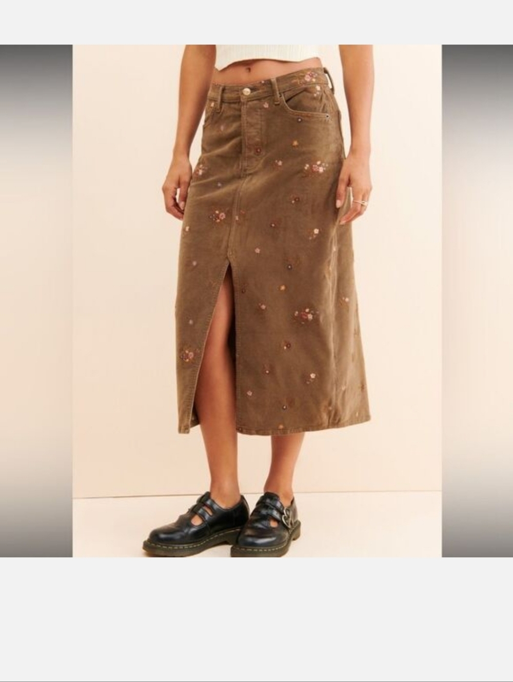 Driftwood Piper Brown Corduroy Floral Embroidered Midi Skirt Button Front 30
